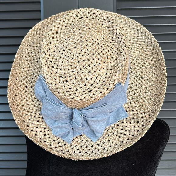 Imperial “Vail” Straw Hat in White and Tan with Blue Chambray Band and Bow, OSFM - Picture 4 of 10